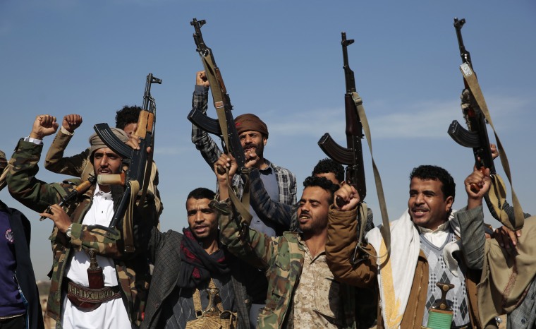 Houthi fighters stage a rally in Sanaa, Yemen