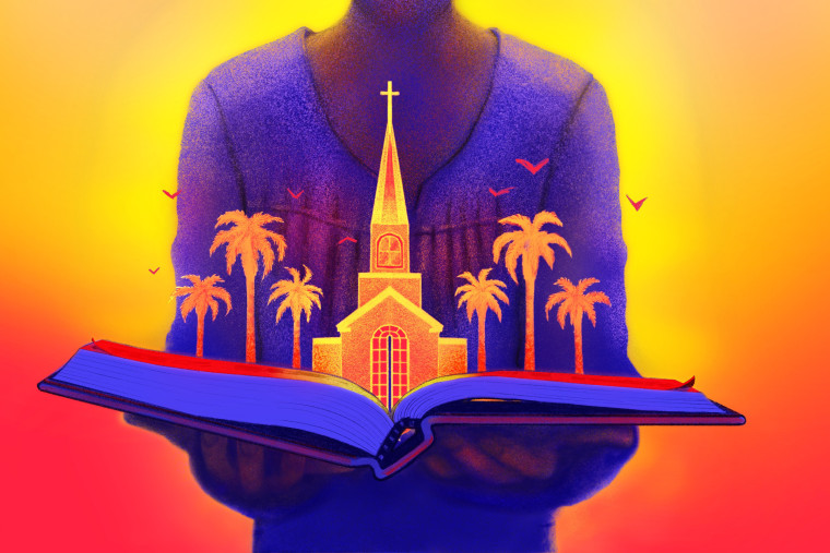 Drawn illustration of a church-going young person holding a textbook open revealing a church and palm trees.