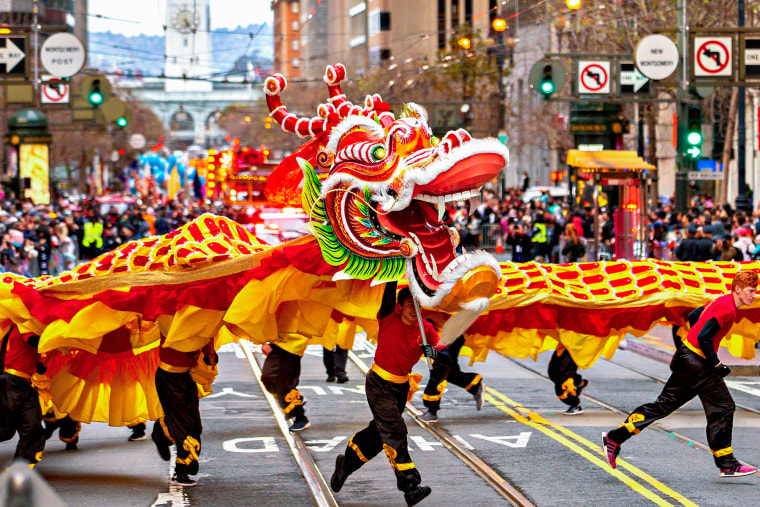 A dragon dance along Market Street during the 2019 Chinese New Year Parade in San Francisco.