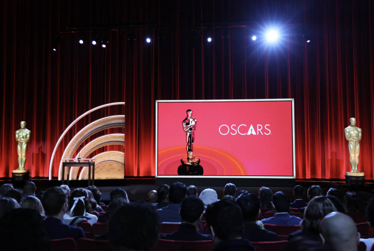 A view of the telecast screen and Oscars statuette at the 96th Oscars Nominations Announcement at Samuel Goldwyn Theater on Jan. 23, 2024 in Beverly Hills, Calif.