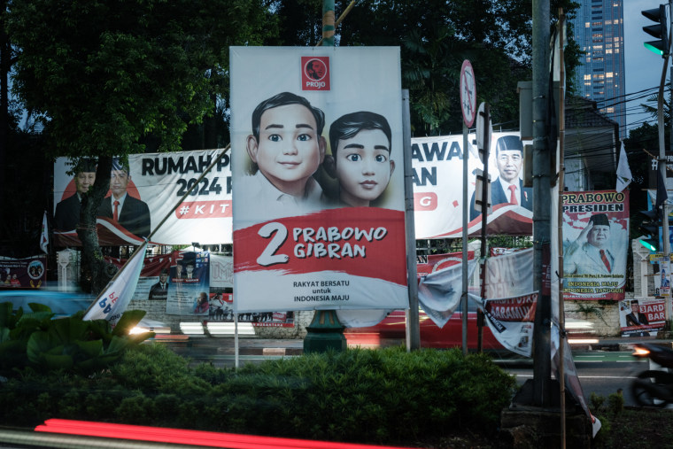 Campaign posters of presidential candidate and Indonesia's Defence Minister Prabowo Subianto and vice presidential candidate Gibran Rakabuming Raka, in Jakarta,