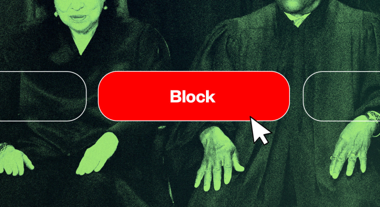 Photo illustration of Supreme Court Justices with a text box that reads "Block" 