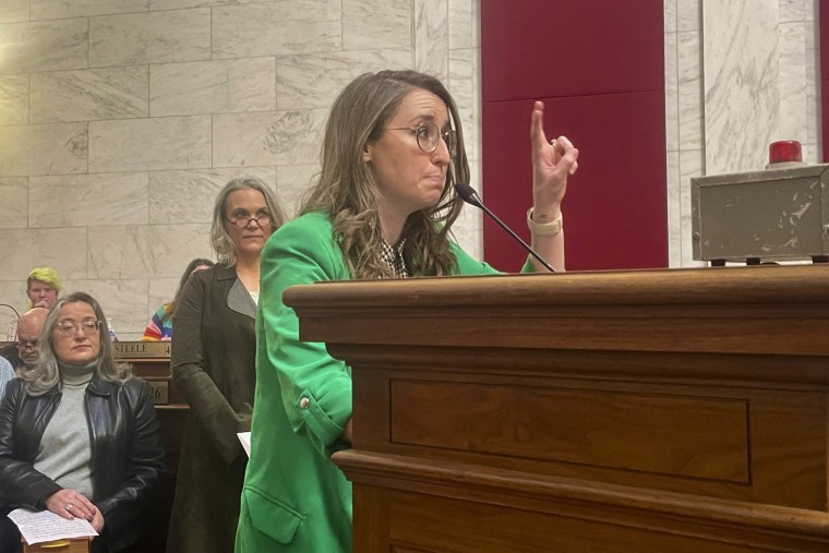 Mollie Kennedy, community outreach director for the American Civil Liberties Union's West Virginia chapter, speaks out against a proposed "Women's Bill of Rights" during a public hearing on Feb. 8, 2024.