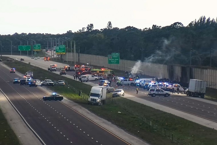 A small plane that landed on an interstate in southwest Florida crashed into a vehicle on Friday, according to the Florida Highway Patrol.