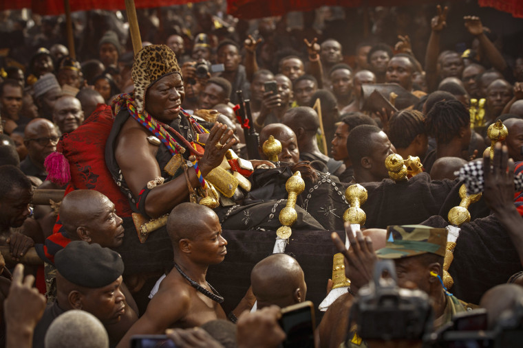 Assante King Otumfuo Osei Tutu II greets delegates from the Fowler Museum at the Manhyia Palace in Kumasi, Ghana, Thursday, Feb. 8, 2024.