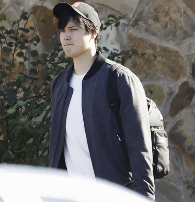 Shohei Ohtani of the Los Angeles Dodgers leaves a team facility in Glendale, Ariz., on Feb. 8, 2024. 