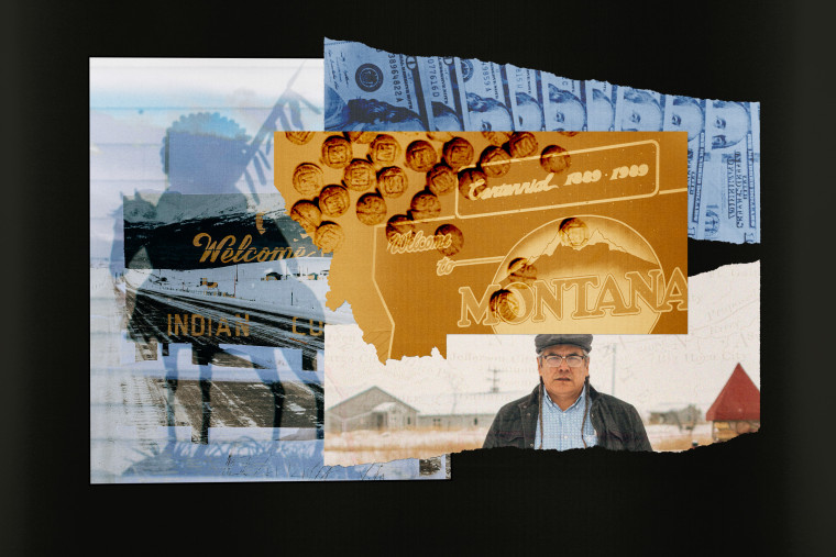 Photo illustration of fentanyl pills, a stack of 0 bills used in drug cartel related crimes in Montana, a wall mural of a Native American riding a horse, a welcome sign to the Blackfeet reservation land, and Marvin Weatherwax Jr., a Blackfeet tribal leader and member of the Montana House of Representatives. 