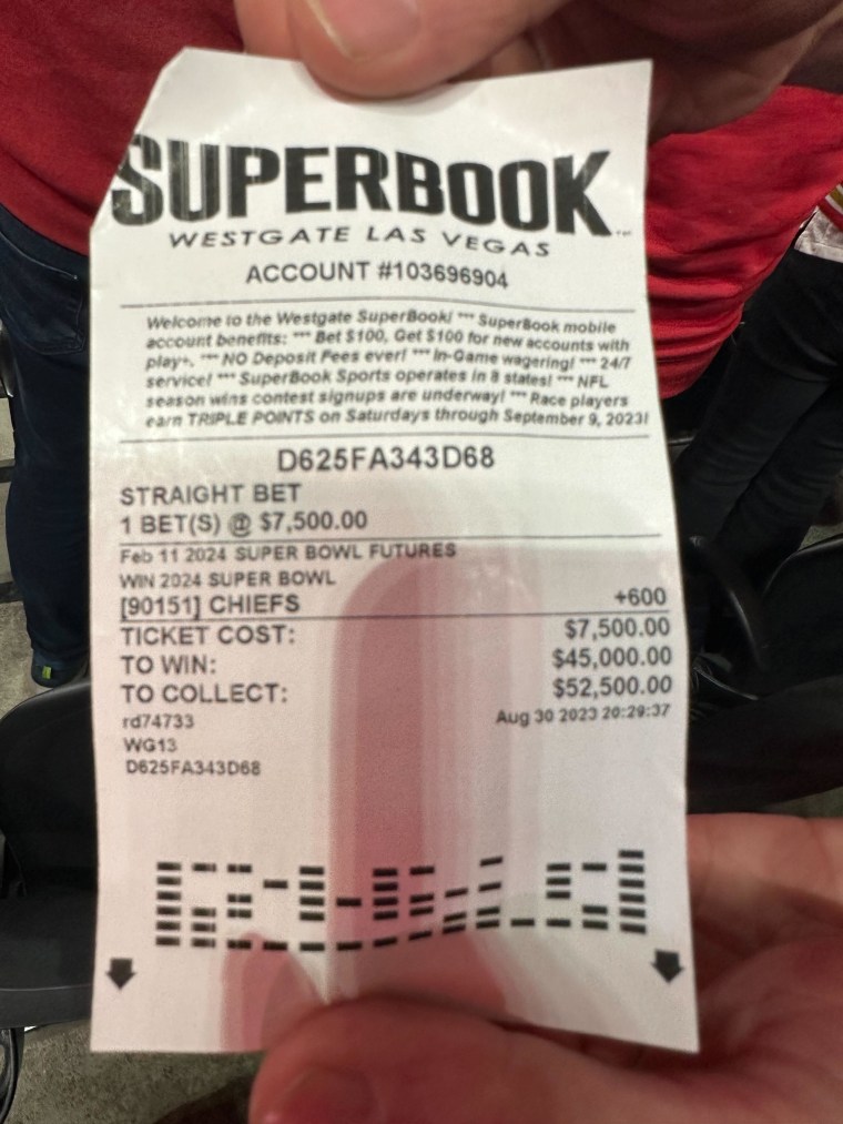 Chad Bleznick shows his betting slip. He bet on the Kansas City Chiefs to win the 2024 Super Bowl and also came out a winner.