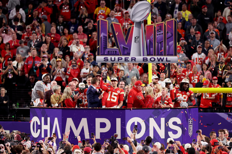 Kansas City Chiefs quarterback Patrick Mahomes holds the Lombardi Trophy after defeating the San Francisco 49ers in the 2024 Super Bowl on Feb. 11, 2024 in Las Vegas.