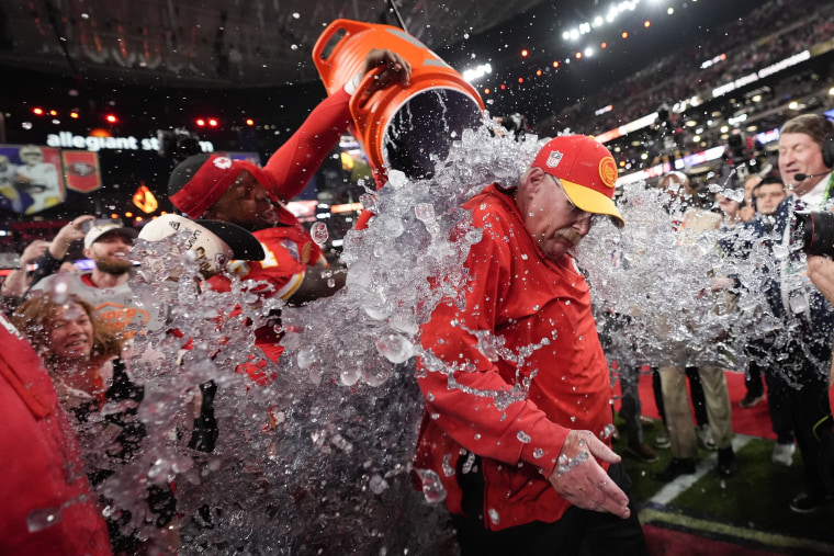 Kansas City Chiefs head coach Andy Reid is splashed after the 2024 Super Bowl against the San Francisco 49ers, Feb. 11, 2024, in Las Vegas. The Chiefs won 25-22.
