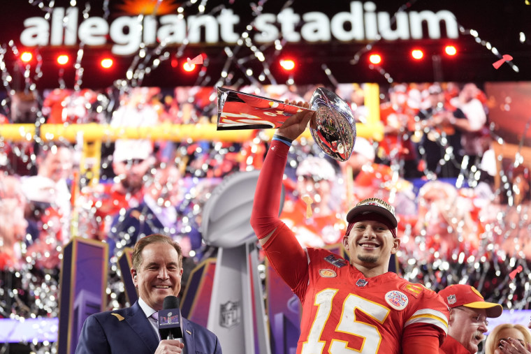 Kansas City Chiefs quarterback Patrick Mahomes holds the Vince Lombardi Trophy after the 2024 Super Bowl against the San Francisco 49ers Sunday, Feb. 11, 2024, in Las Vegas. 