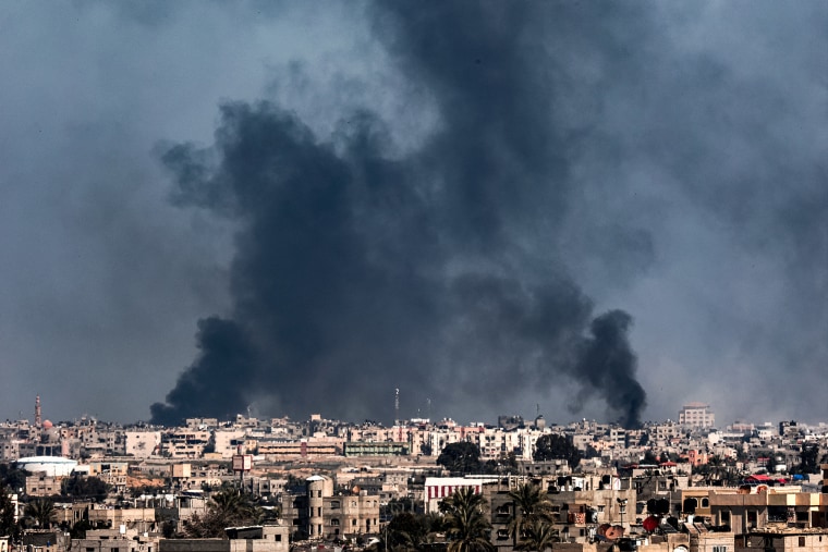Smoke plumes billow during Israeli bombardment over Rafah, Gaza