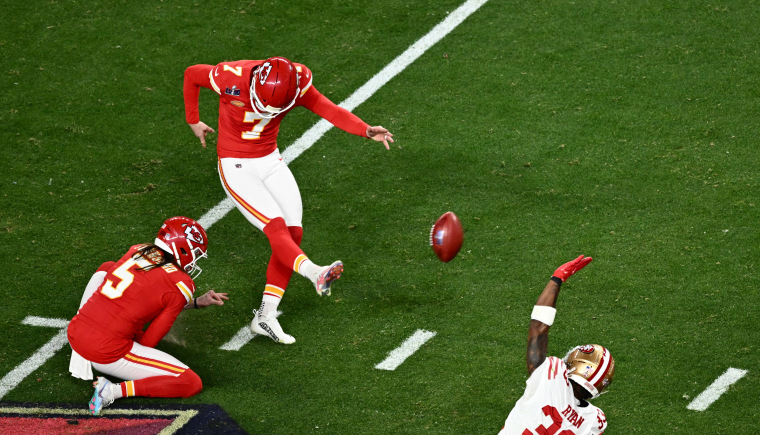 Kansas City Chiefs' kicker #07 Harrison Butker ties and sends the game to overtime during Super Bowl LVIII between the Kansas City Chiefs and the San Francisco 49ers at Allegiant Stadium in Las Vegas, Nevada, February 11, 2024. 
