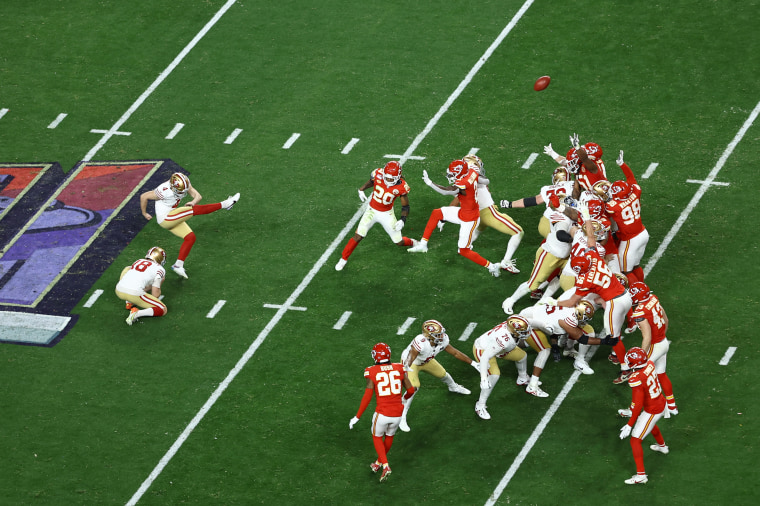 Jake Moody #4 of the San Francisco 49ers kicks a field in overtime to put San Francisco ahead against the Kansas City Chiefs during Super Bowl LVIII at Allegiant Stadium on February 11, 2024 in Las Vegas, Nevada.