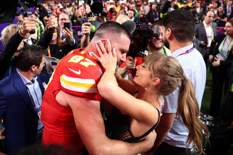 Travis Kelce of the Kansas City Chiefs celebrates with Taylor Swift after defeating the San Francisco 49ers during the 2024 Super Bowl on Feb. 11, 2024 in Las Vegas.