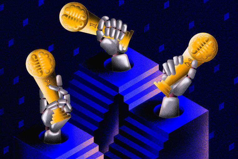 Drawn illustration of robotic hands holding gold trophies for first, second and third places.