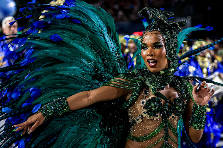Queen of drums, Maria Maria, of Imperatriz Leopoldinense performs during the Carnival parades at Sapucai Sambodrome in Rio de Janeiro on Feb, 11, 2024.