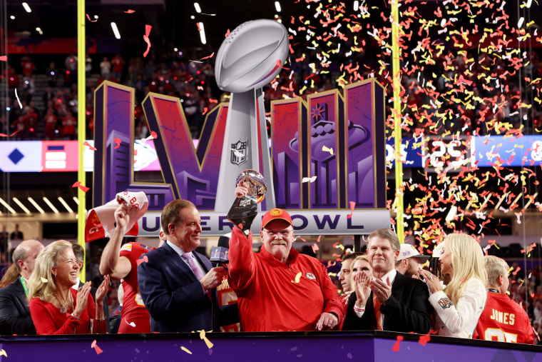 Head coach Andy Reid of the Kansas City Chiefs holds the Lombardi Trophy after defeating the San Francisco 49ers 25-22 in overtime during Super Bowl LVIII at Allegiant Stadium on Feb.11, 2024 in Las Vegas.