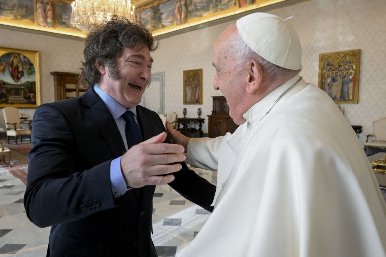 Pope Francis during a private audience with Argentinian President Javier Milei in The Vatican on Feb 12, 2024.