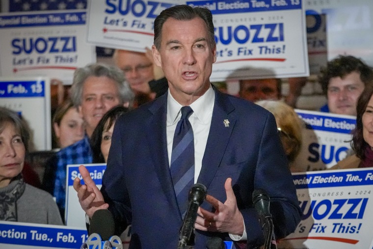 Former U.S. Rep. Tom Suozzi speaks during a campaign canvass kick off event on Feb. 11, 2024, in Plainview, N.Y.