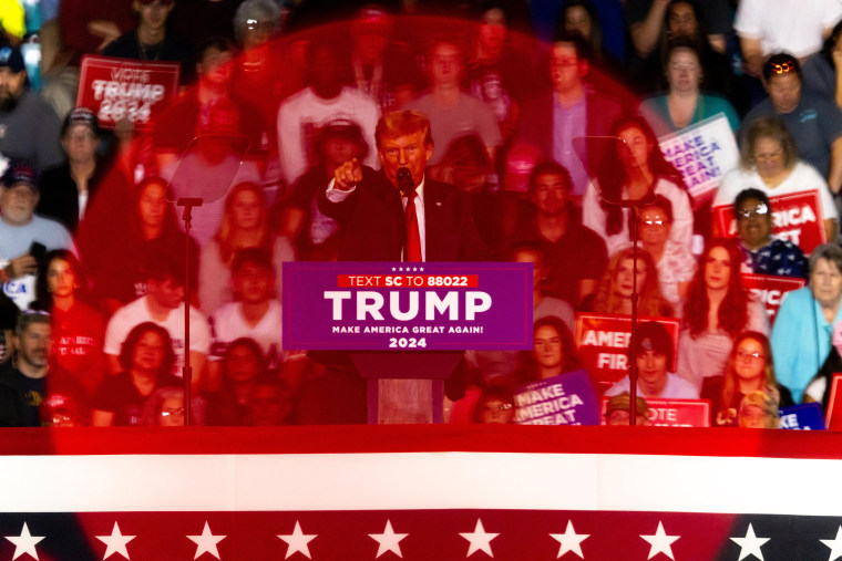 Former US President and 2024 presidential hopeful Donald Trump speaks at a "Get Out the Vote" Rally in Conway, S.C. on Feb. 10, 2024.