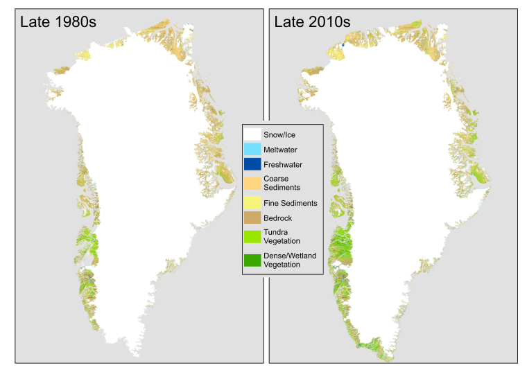 Comparison between landcover classifications for the late 1980s and for the late 2010s at *30m resolution* reveals greening as vegetation coverage expands, especially in the south-west and north-east.