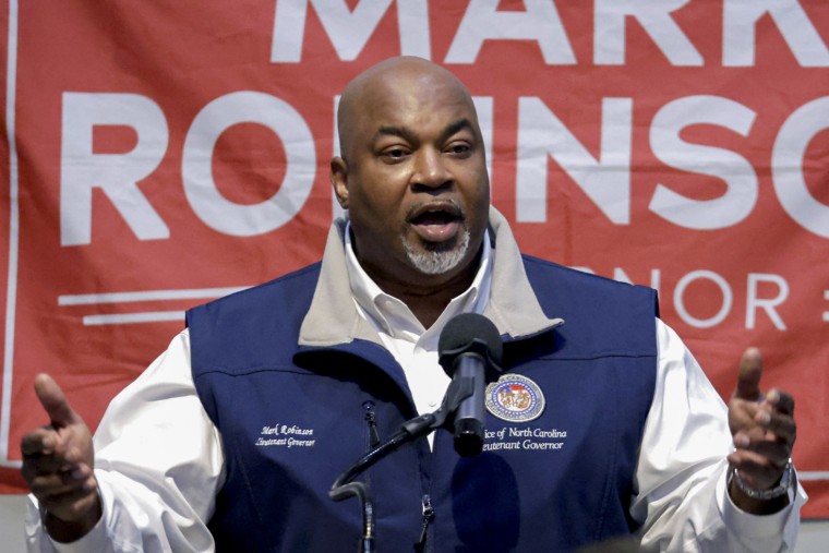 Republican candidate for North Carolina governor Mark Robinson speaks at a rally on Jan. 26, 2024, in Roxboro, N.C.