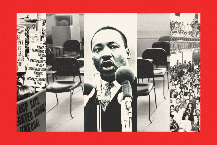 Photo collage of notable moments in Black History and images of a classroom 