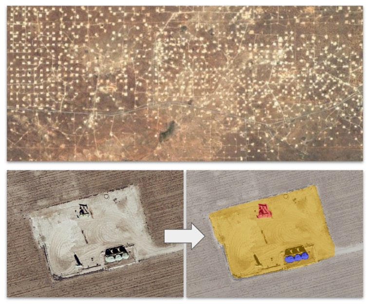 The top satellite image shows a map of dots, which are correctly identified as oil well pads. Using  satellite and aerial imagery, Google applied AI to detect infrastructure components. Well pads are shown in yellow, oil pump jacks are shown in red, and storage tanks are shown in blue.