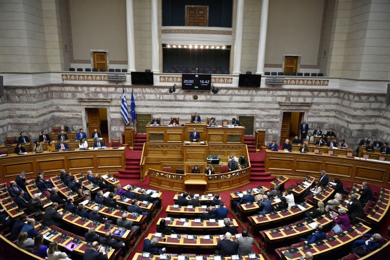 Greece's Prime Minister Kyriakos Mitsotakis speaks during a debate in parliament on same-sex marriage in Athens, Greece, on Feb. 15, 2024.