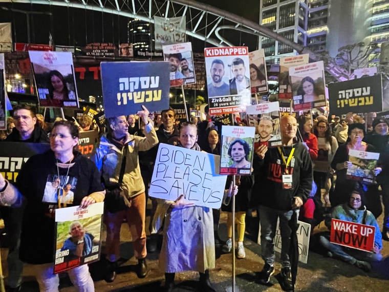 Hostage families outside Israel’s defense ministry.