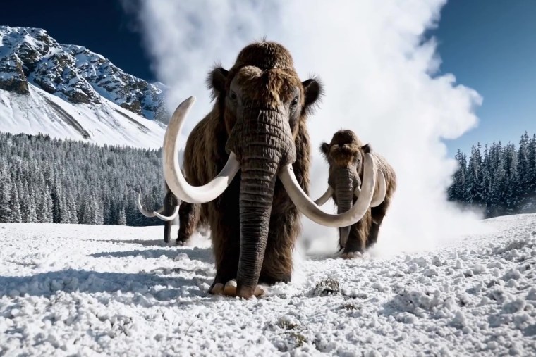 Prompt: Several giant woolly mammoths approach treading through a snowy meadow, their long woolly fur lightly blows in the wind as they walk, snow-covered trees and dramatic snowcapped mountains in the distance, midafternoon light with wispy clouds and a sun high in the distance creates a warm glow, the low camera view is stunning, capturing the large furry mammal with beautiful photography, depth of field.