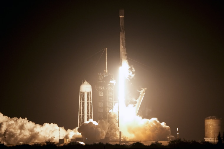 A SpaceX Falcon 9 rocket lifts off from pad 39A at Kennedy Space Center in Cape Canaveral, Fla., early Thursday, Feb. 15, 2024. The rocket is carrying Intuitive Machines’ lunar lander on its way to the moon. If all goes well, a touchdown attempt would occur Feb. 22, after a day in lunar orbit. 