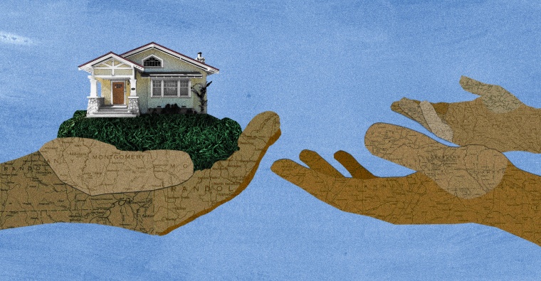Paper collage illustration of Black hands passing a suburban home on grass to another pair of Black hands; the hands have maps of places like Montgomery, Ala.