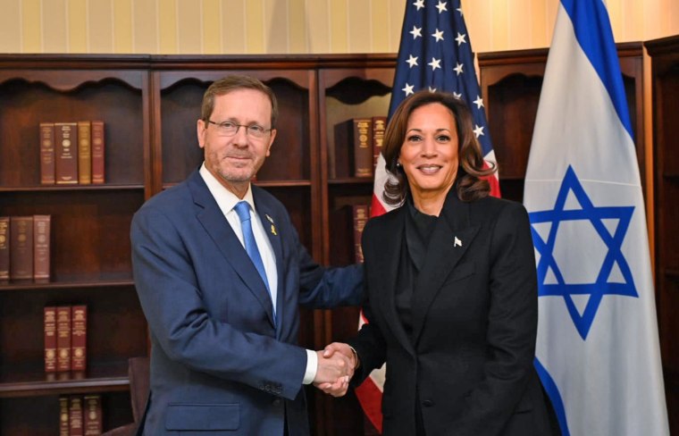 Vice President Kamala Harris meets with Israeli President Isaac Herzog in Munich of Feb. 16, 2024.