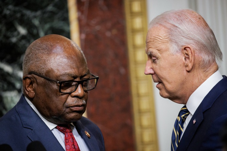 Representative Jim Clyburn, D-S.C., and President Joe Biden at the Indian Treaty Room of the White House on July 25, 2023.
