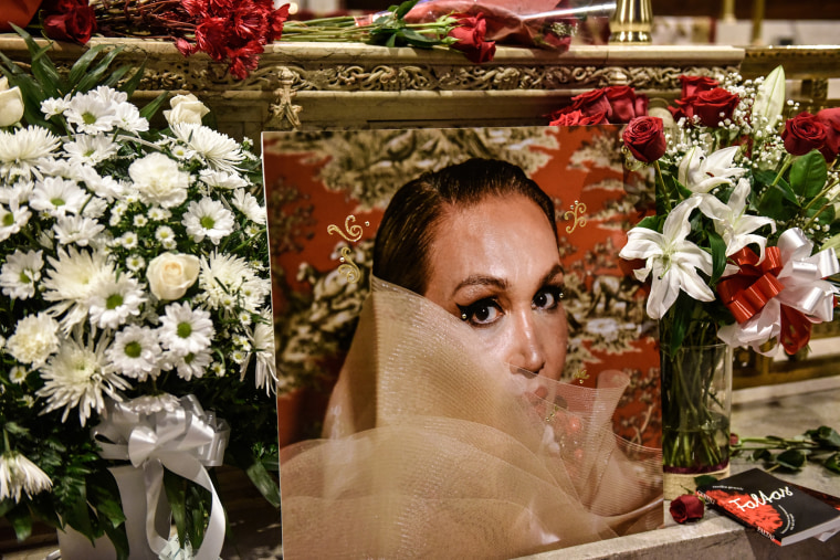 A photo of Cecilia Gentile lies at the altar during her funeral.
