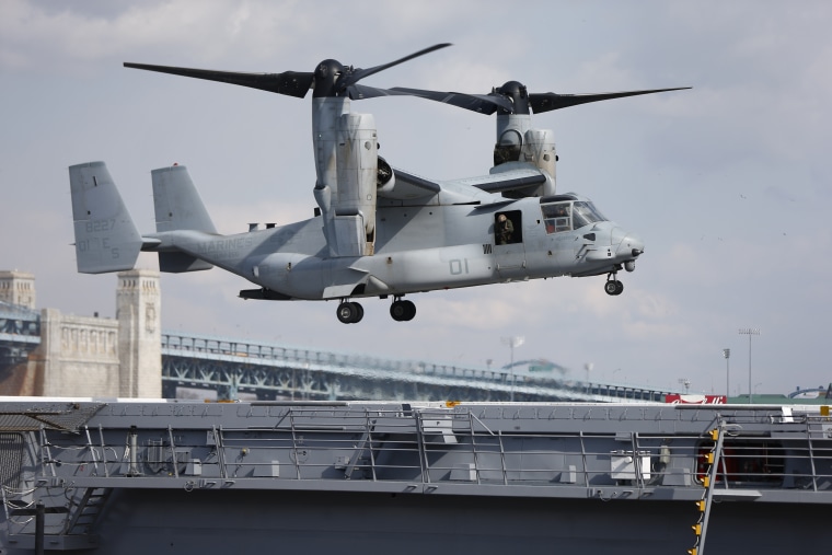 A Marines Osprey lands aboard the USS Somerset, in 2014, in Philadelphia.