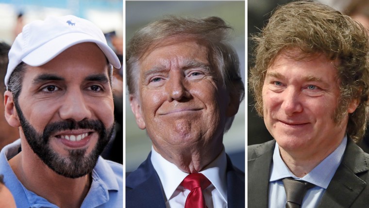 From left,  President Nayib Bukele, Former President Donald Trump and President Javier Milei