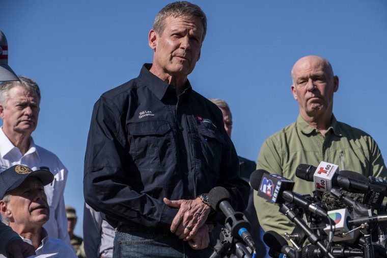 Tennessee Governor Bill Lee speaks during a press conference at Shelby Park in Eagle Pass, Texas, on Feb. 4, 2024. 