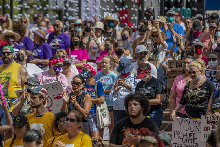Abortion rights demonstrators at the March for Abortion Access in Orlando, FL., on Oct. 2, 2021.