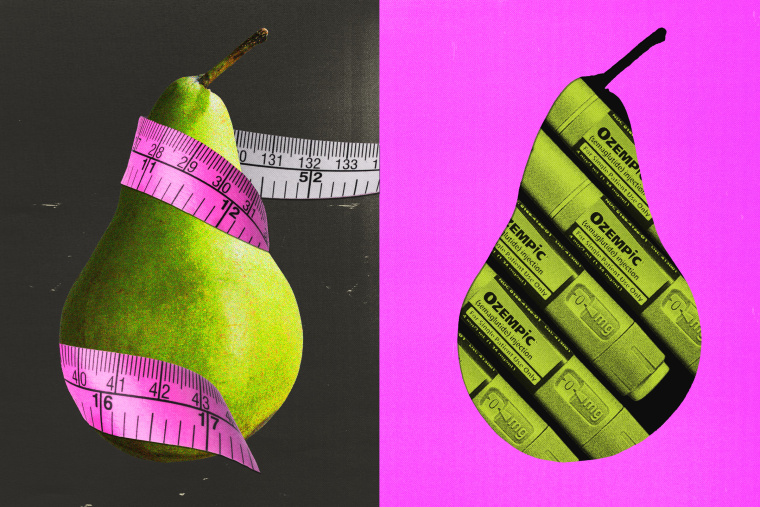 Photo illustration of a pear with a measuring tape wrapped around it, next to a cutout of the pear showing Ozempic weight loss injectables.