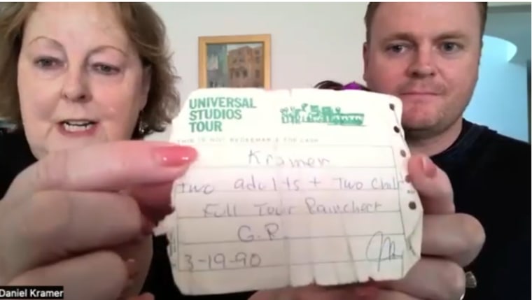 Carolyn Kramer showed the old voucher from Universal Studios from 1990 during a Zoom call with NBCLA