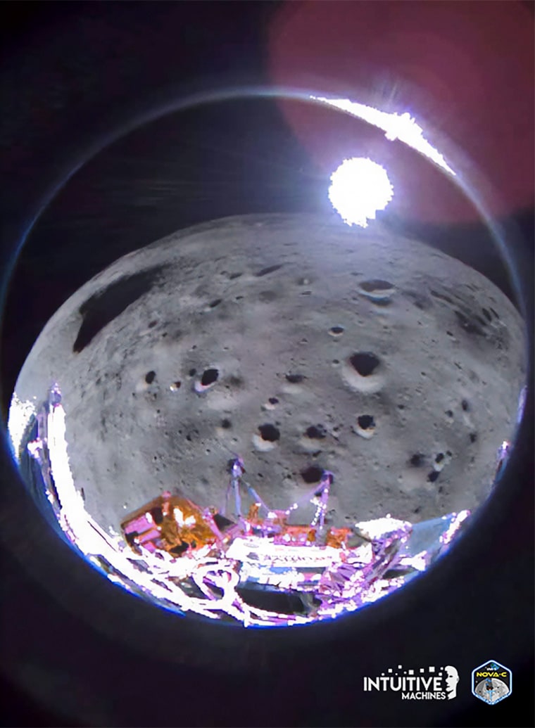 The Odysseus lunar lander takes picture after falling sideways