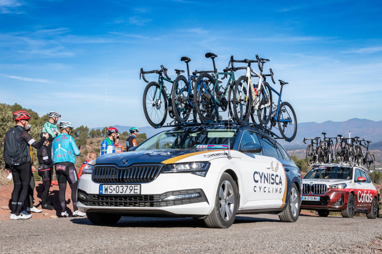 The Cynisca Cycling team car at the Vuelta CV Feminas 2024 race in Spain on Feb. 2.
