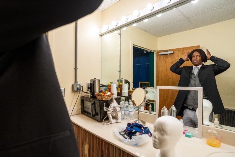 Darius Wallace gets ready for his performance in his dressing room on Feb. 17, 2024 in Easton, Md.