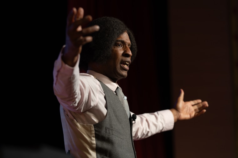 Darius Wallace during his performance of his original one-man play, "Frederick Douglass: Lion of Thunder" on Feb. 17, 2024 in Easton, Md.