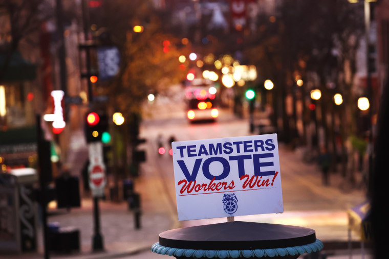  A union vote sign is displayed in front of the state capital building during a rally to support democratic candidates hosted by the Teamsters.