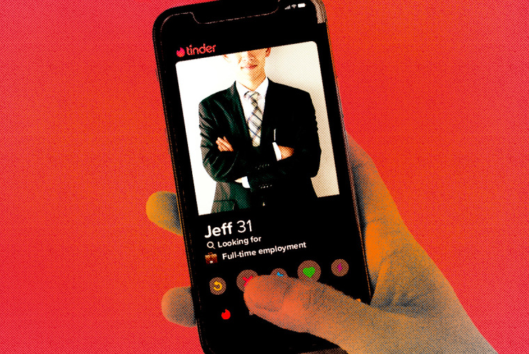 Photo Illustration: A man's Tinder profile reads "Looking for Full-tim employment"