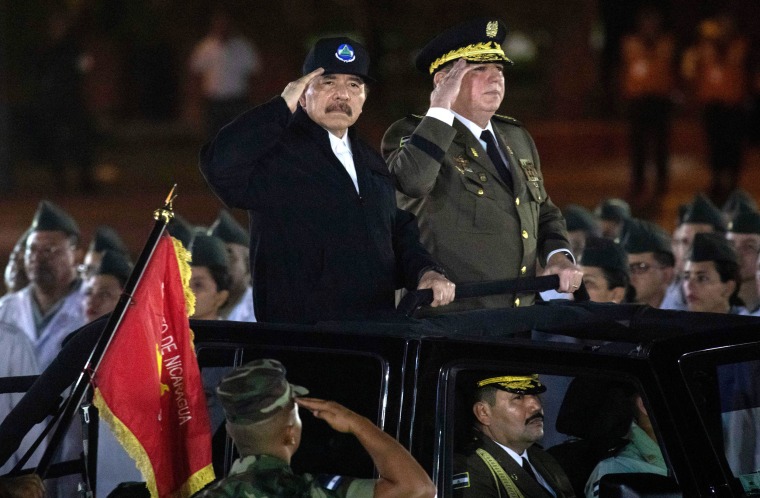 Daniel Ortega, left,  and Julio Aviles during a ceremony in Managua, Nicaragua